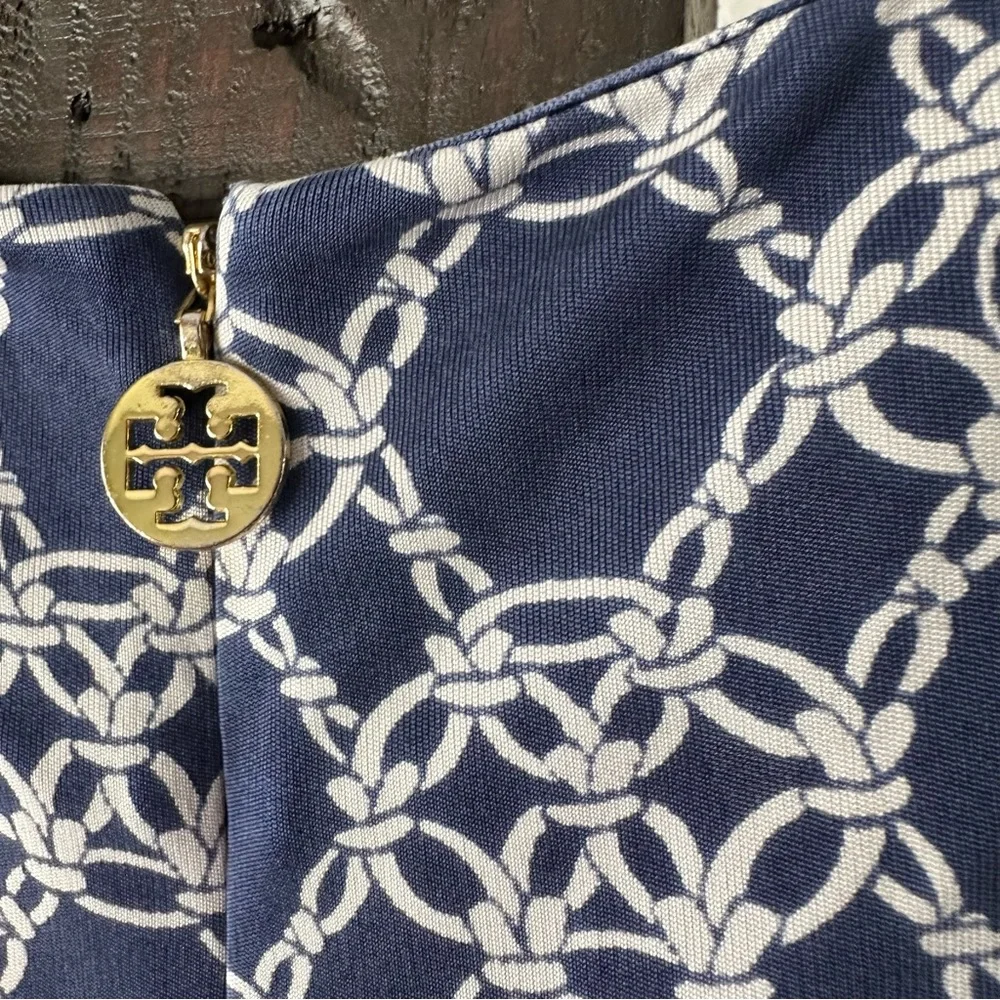 TORY BURCH Navy Blue “Nicola” Chain Print Jersey 100% Silk Knit Dress Size S